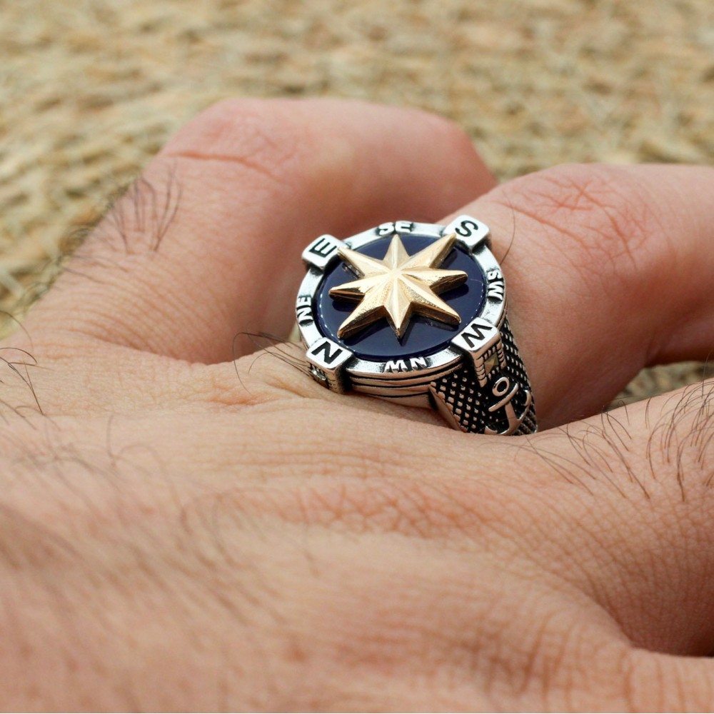 Turkish Handmade Ring, Compass Ring, Men's Handmade Ring, Anchor Ring, Agate Men Ring, Mens Jewelry, Gift for Him, 925k Sterling Silver Ring