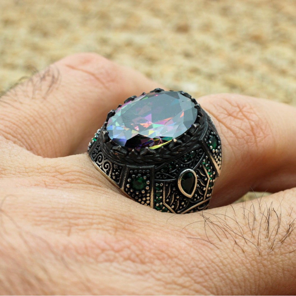 Mystic Topaz Men's Ring, Ottoman Men's Ring, Handmade Mens Ring, Turkish Handmade Mens Ring, Mens Jewelry, Gift for Him, 925 Sterling Silver Mystic Topaz Men's Ring, Ottoman Men's Ring, Handmade Mens Ring, Turkish Handmade Mens Ring, Mens Jewelry, Gift for Him, 925 Sterling Silver