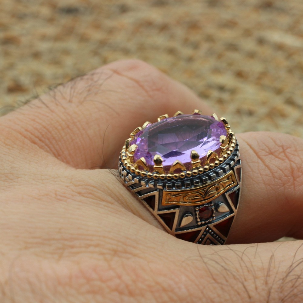 Amethyst Men's Ring, Mens Handmade Ring, Turkish Handmade Silver Men Ring, Ottoman Men Ring, Men Jewelry, Gift for Him, 925k Sterling Silver
