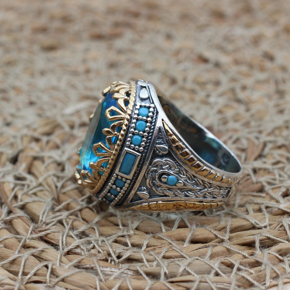 Mens Handmade Ring, Turkish Handmade Silver Men Ring, Ottoman Ring, Aquamarine Ring, Men's Jewelry, Gift for Him, 925k Sterling Silver Ring