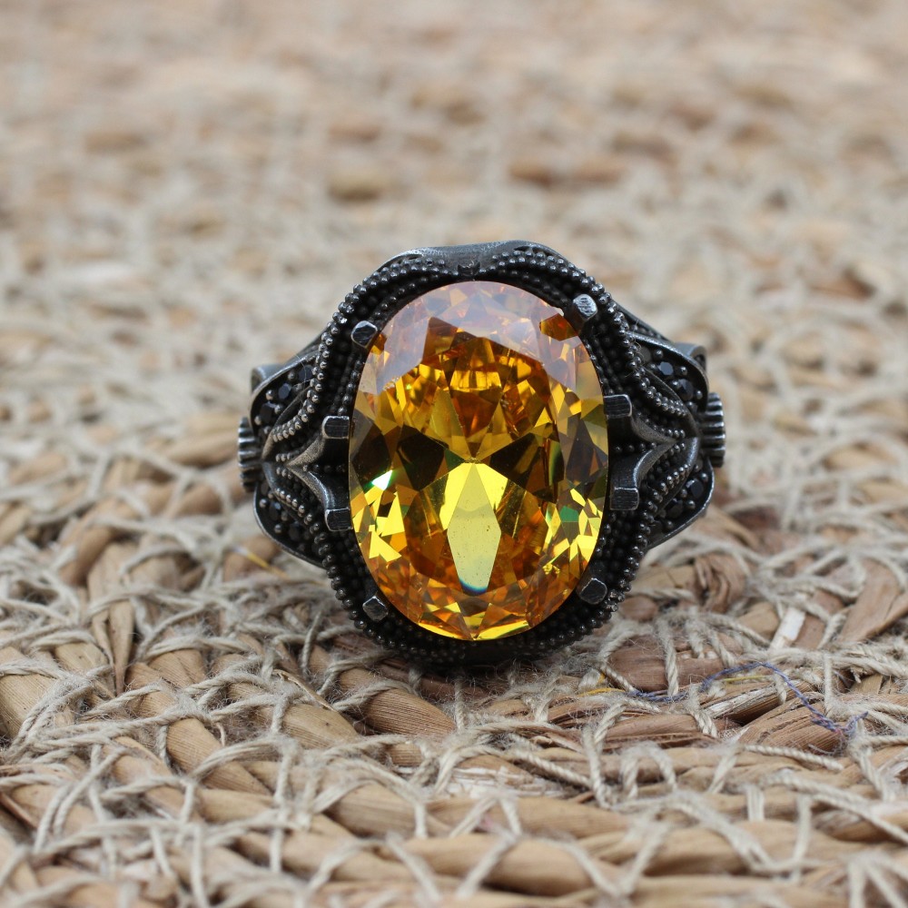 Men's Handmade Ring, Turkish Handmade Ring, Citrine Men's Ring, Ottoman Men's Ring, Men's Jewelry, Gift for Him, 925k Sterling Silver Ring