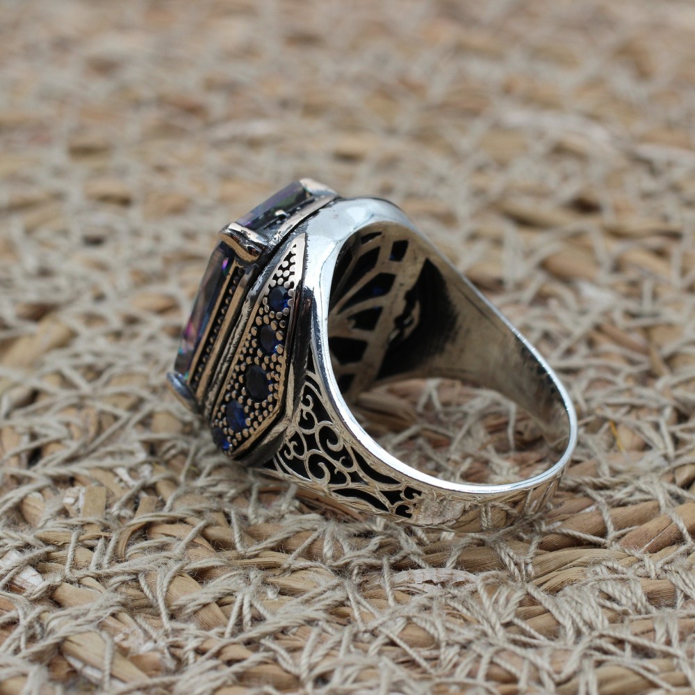 Mystic Topaz Men's Ring, Handmade Men's Ring, Turkish Handmade Silver Ring, Ottoman Ring, Men's Jewelry, Gift for Him, 925 Sterling Silver