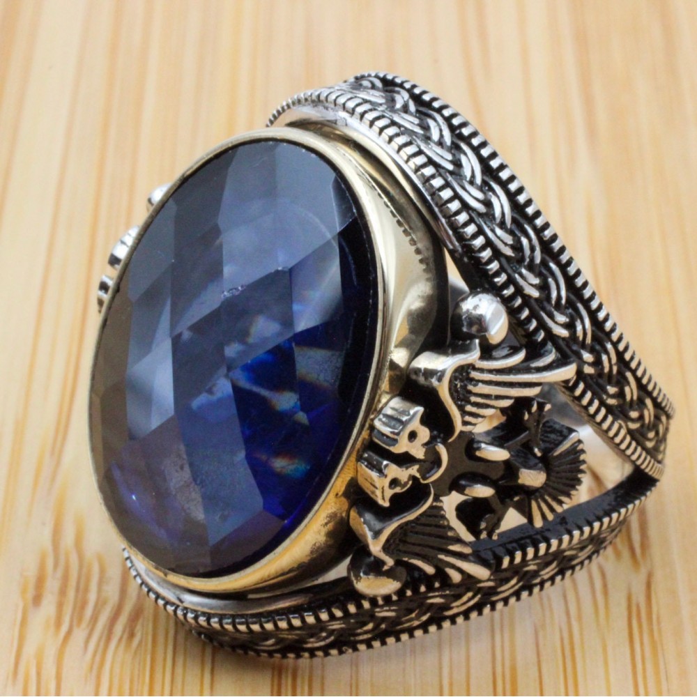 Sapphire Men Ring, Eagle Ring, Turkish Handmade Silver Men Ring, Mens Handmade Ring, Men Jewelry, Gift for Him, 925 Sterling Silver Ring Sapphire Men Ring, Eagle Ring, Turkish Handmade Silver Men Ring, Mens Handmade Ring, Men Jewelry, Gift for Him, 925 Sterling Silver Ring