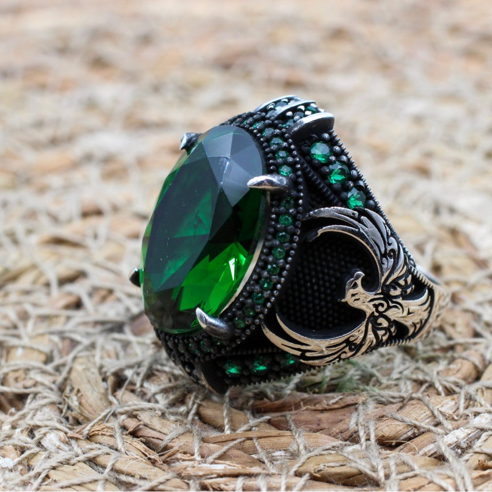 Mens Handmade Ring, Turkish Handmade Silver Men Ring, Ottoman Men Ring, Emerald Ring, Men's Jewelry, Gift for Him, 925k Sterling Silver Ring