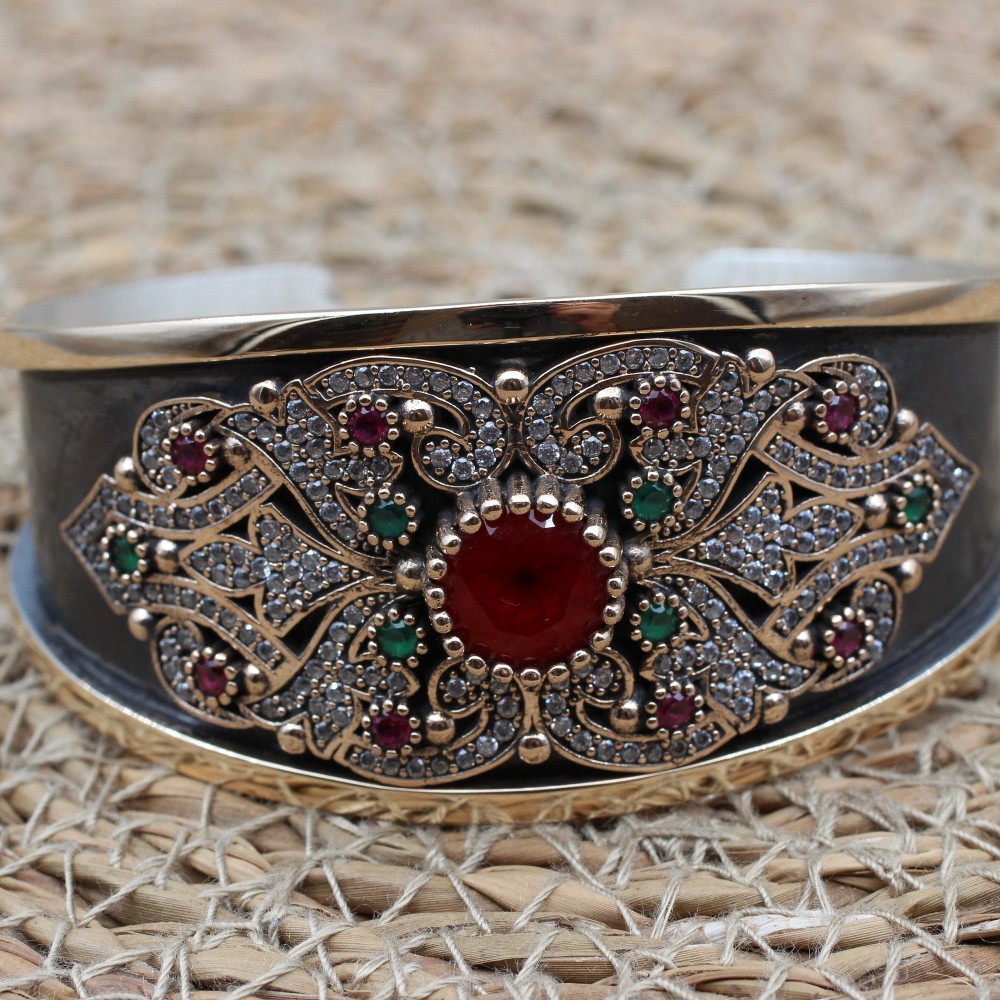 Ruby Bracelet, Ottoman Bracelet, Handmade Bracelet, Bangle Cuff, Bangle Bracelet, Turkish Handmade, Gift For Her, 925k Sterling Silver, Ruby