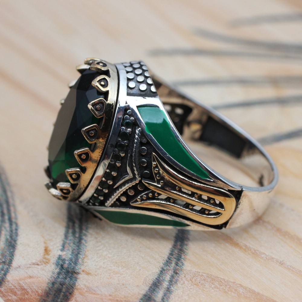 Emerald Men's Ring, Ottoman Men's Ring, Handmade Men's Ring, Turkish Handmade Men's Ring, Men's Jewelry, Gift for Him, 925 Sterling Silver