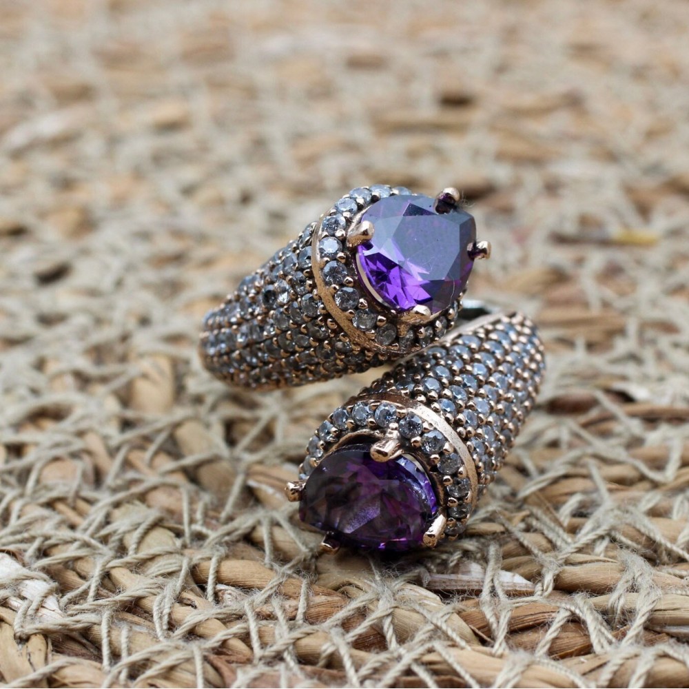 Amethyst Ring, Zircon Ring, Ladies Ring, Handmade Women's Ring, Turkish Handmade Ring, Authentic Ring, 925 Sterling Silver, Adjustable Ring,
