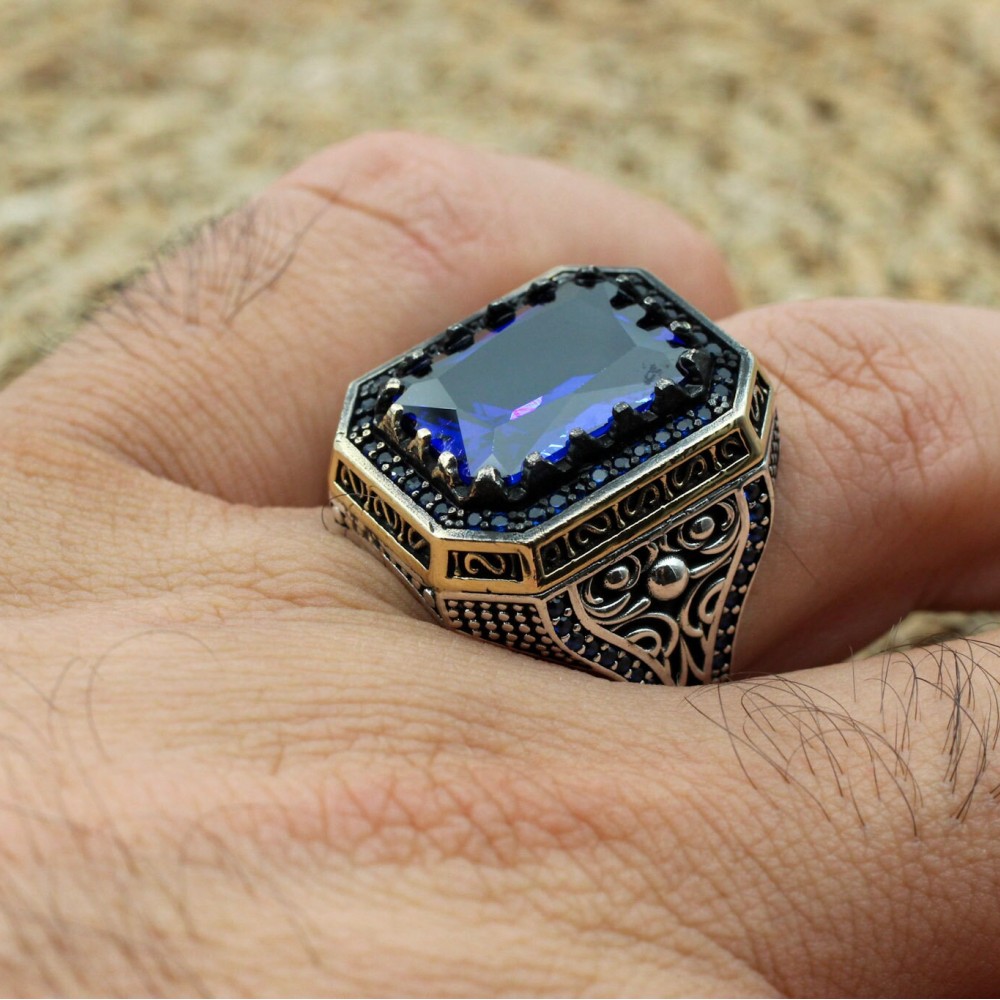 Turkish Handmade Silver Men Ring, Mens Handmade Ring, Ottoman Ring, Sapphire Ring, Men's Jewelry, Gift for Him, 925k Sterling Silver Ring