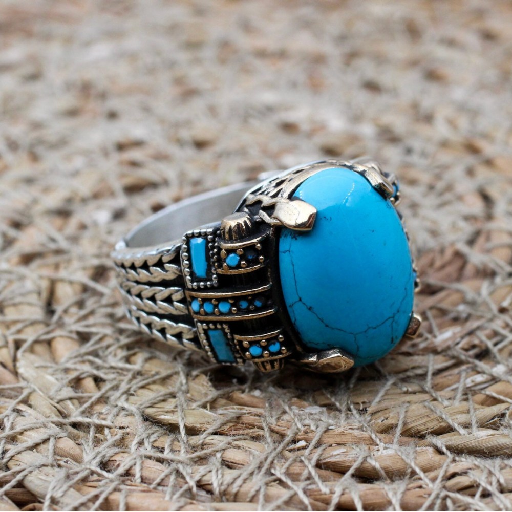 Handmade Men Ring, Men Chain Model Ring, Turquoise Ring, Turkish Handmade Silver Ring, Ottoman Men Ring, Gift for Him, 925k Sterling Silver