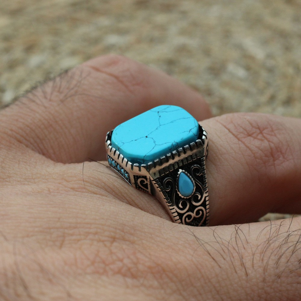 Turquoise Men's Ring, Handmade Ring, Turkish Handmade Silver Men Ring, Ottoman Ring, Men's Jewelry, Gift for Him, 925k Sterling Silver Ring Turquoise Men's Ring, Handmade Ring, Turkish Handmade Silver Men Ring, Ottoman Ring, Men's Jewelry, Gift for Him, 925k Sterling Silver Ring