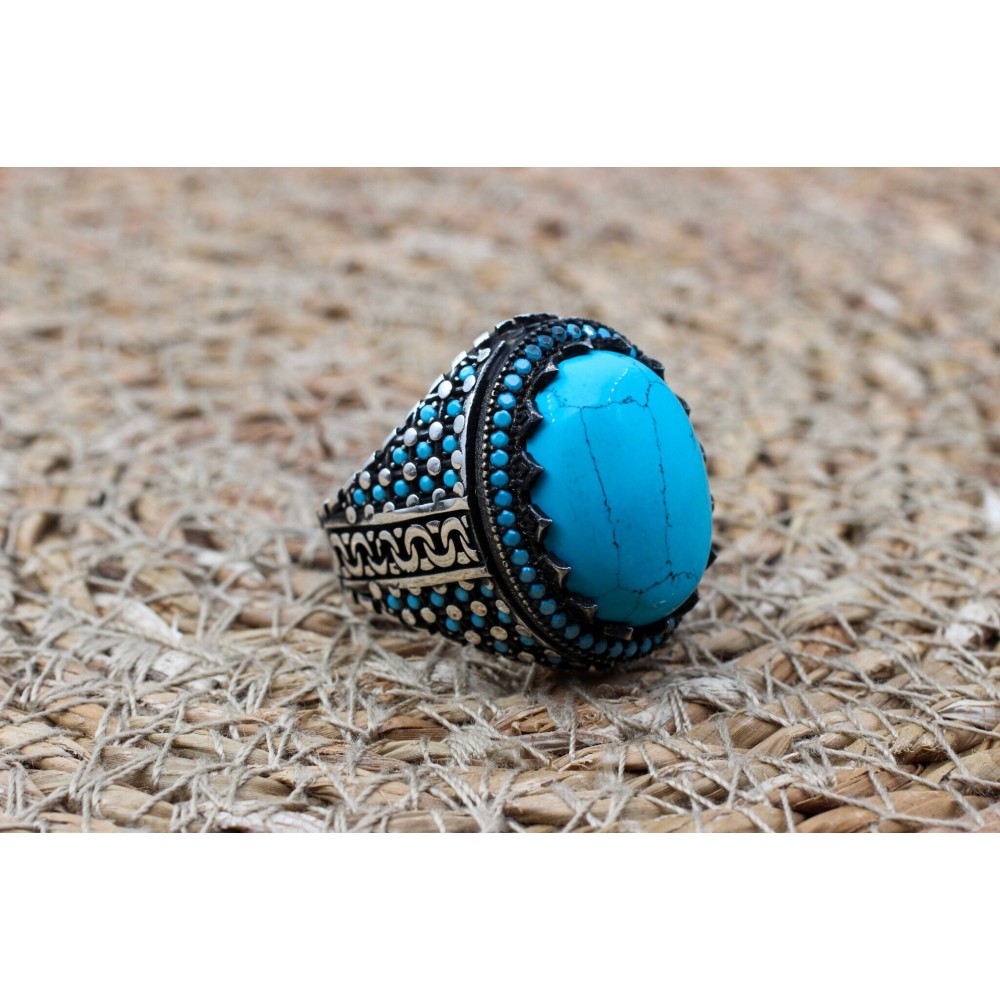 Turquoise Men's Ring, Handmade Ring, Turkish Handmade Silver Men Ring, Ottoman Ring, Men's Jewelry, Gift for Him, 925k Sterling Silver Ring
