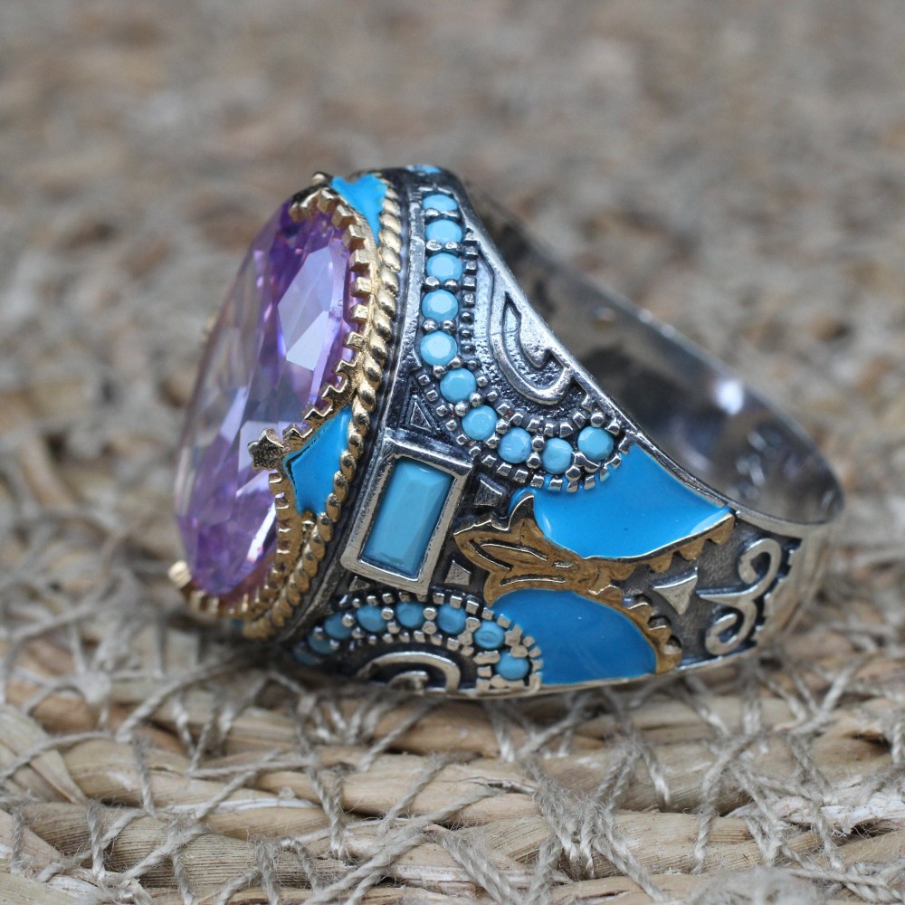 Amethyst Men's Ring, Mens Handmade Ring, Turkish Handmade Silver Men Ring, Ottoman Men Ring, Men Jewelry, Gift for Him, 925k Sterling Silver