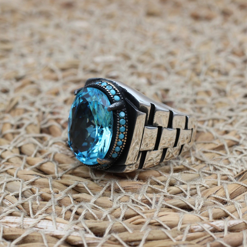 Mens Handmade Ring, Turkish Handmade Silver Men Ring, Ottoman Ring, Aquamarine Ring, Men's Jewelry, Gift for Him, 925k Sterling Silver Ring