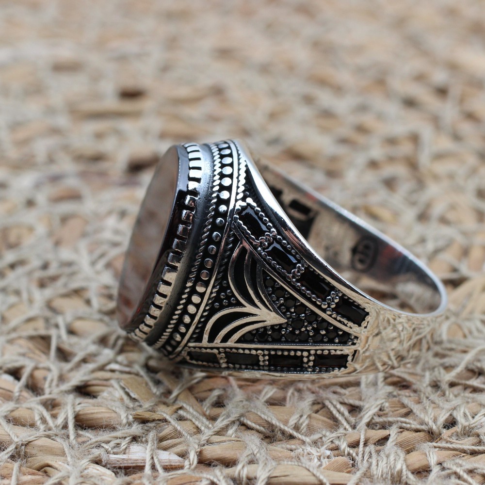 Men's Agate Ring, Handmade Ring, Turkish Handmade Silver Men Ring, Ottoman Men Ring, Men's Jewelry, Gift for Him, 925k Sterling Silver Ring