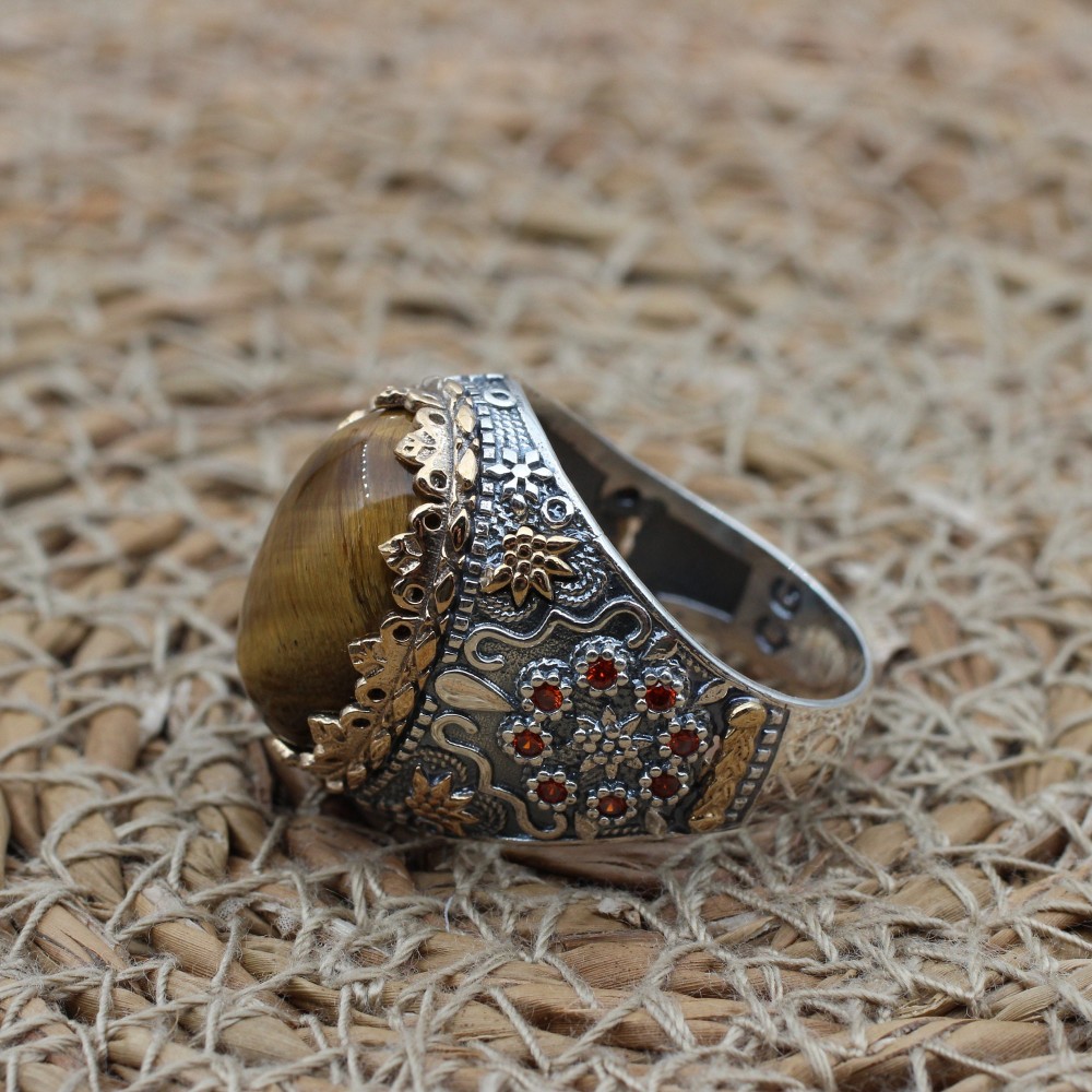 Tiger Eye Men's Ring, Ottoman Men's Ring, Handmade Men's Ring, Turkish Handmade Men's Ring, Men's Jewelry, Gift for Him, 925 Sterling Silver