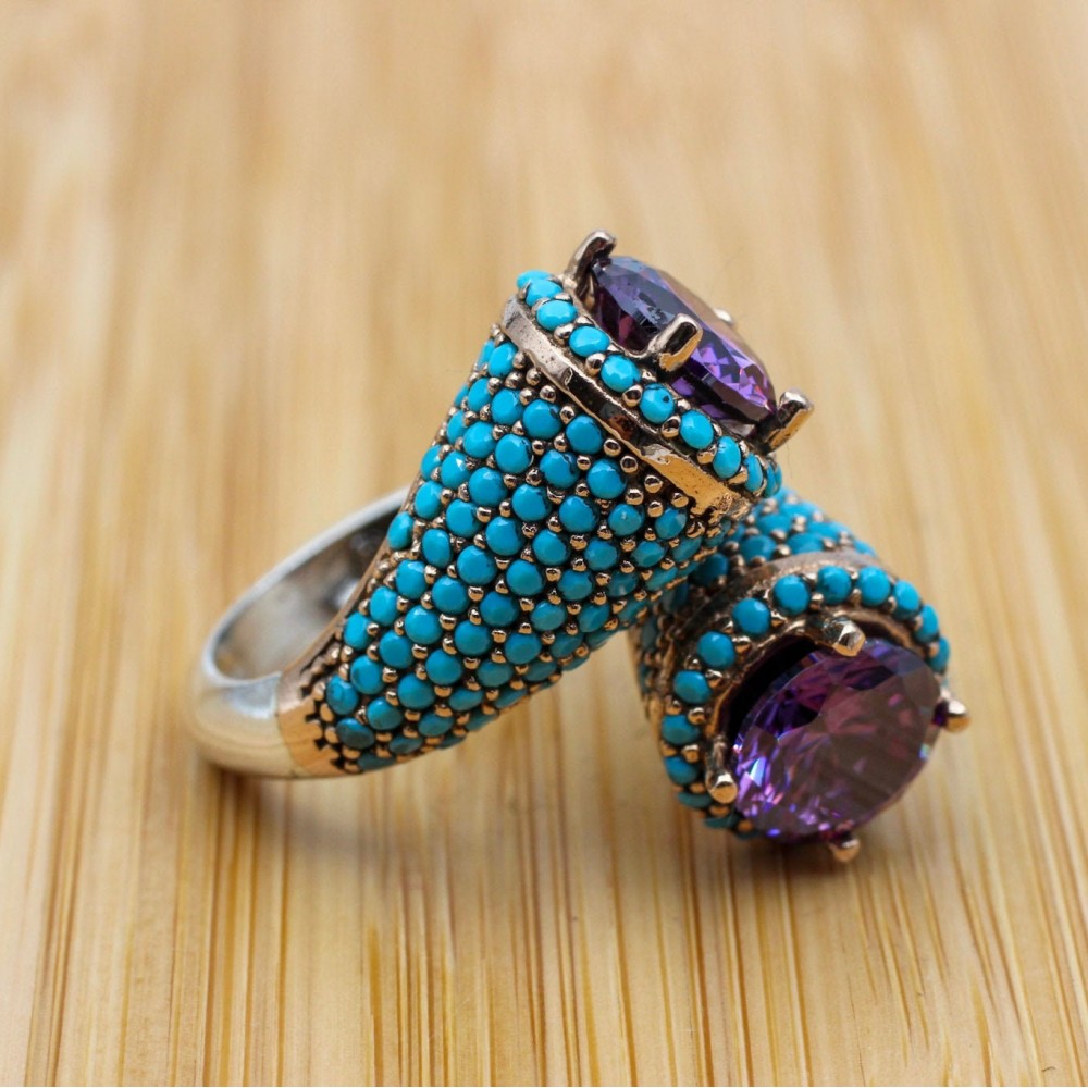 Amethyst Ring, Ladies Ring, Turquoise Ring, Handmade Women's Ring, Turkish Handmade, Authentic Ring, 925 Sterling Silver, Adjustable Ring,