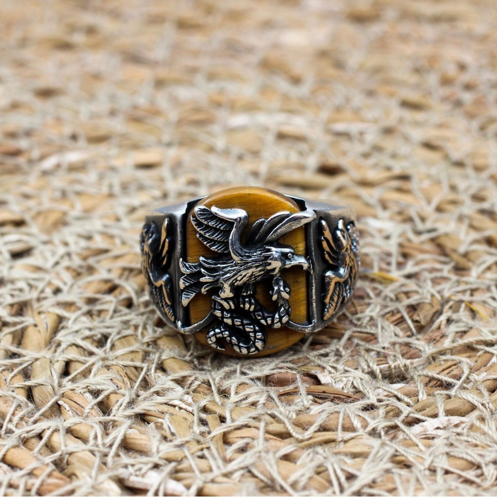Tiger Eye Men's Ring, Eagle Men's Ring, Handmade Men's Ring, Turkish Handmade Mens Ring, Men's Jewelry, Gift for Him, 925 Sterling Silver