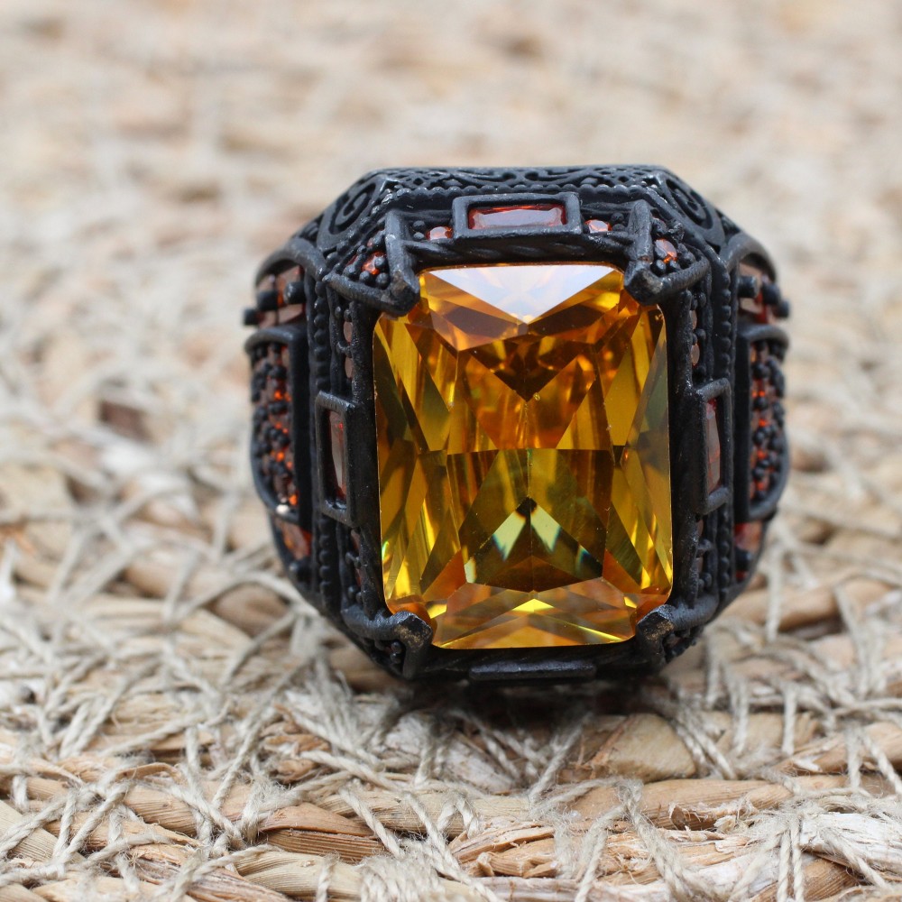 Citrine Men's Ring, Handmade Men's Ring, Turkish Handmade Ring, Ottoman Men's Ring, Men's Jewelry, Gift for Him, 925k Sterling Silver Ring