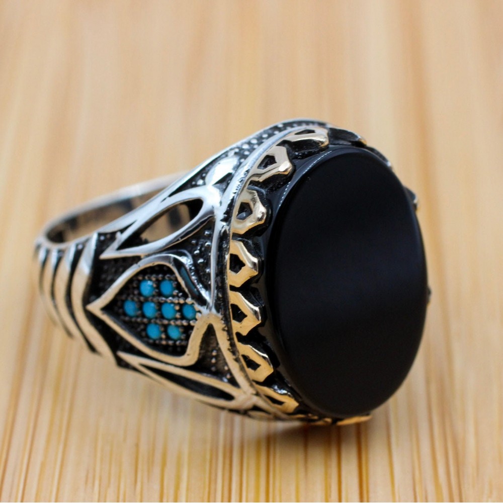 Men's Handmade Ring, Turkish Handmade Silver Men's Ring, Ottoman Men Ring, Onyx Ring, Men's Jewelry, Gift for Him, 925k Sterling Silver Ring