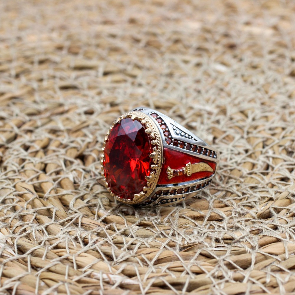 Ruby Ring, Handmade Men's Ring, Turkish Handmade Men's Ring, Ottoman Men's Ring, Men's Jewelry, Gift for Him, 925k Sterling Silver Ring