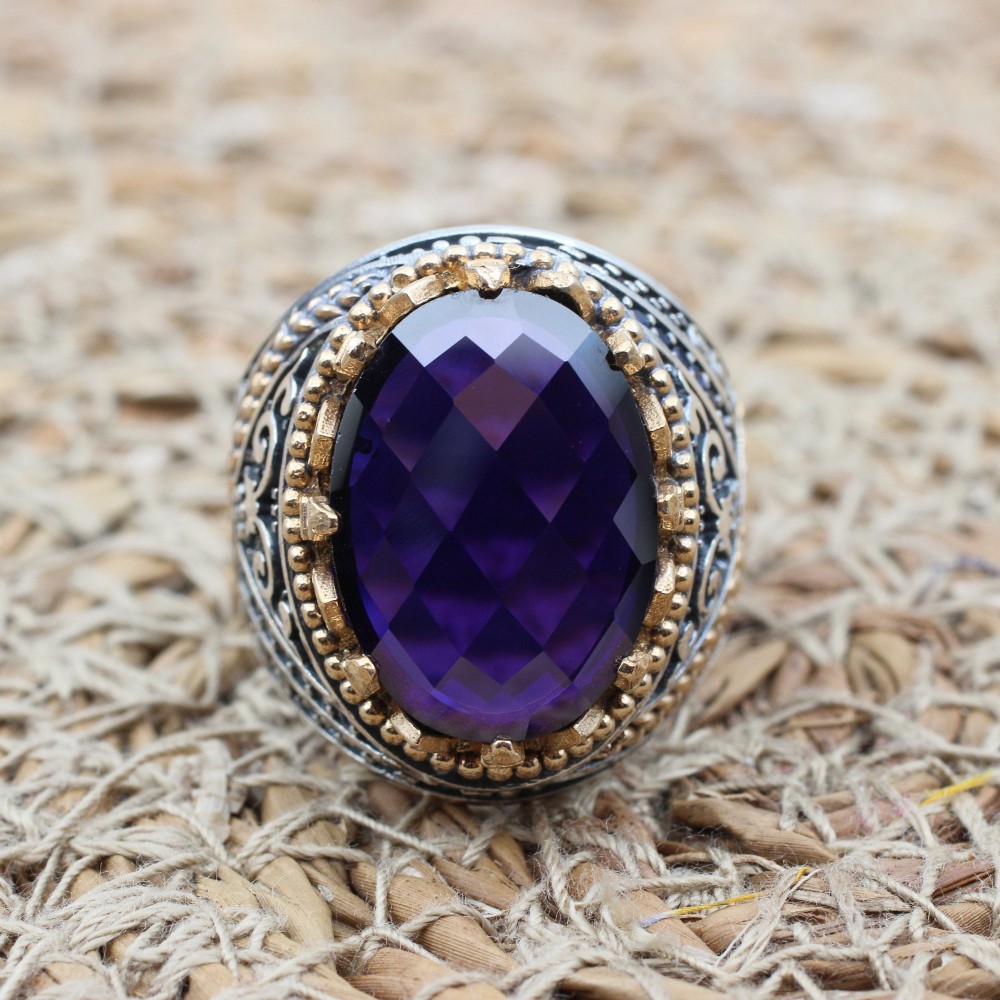 Amethyst Men's Ring, Mens Handmade Ring, Turkish Handmade Silver Men Ring, Ottoman Men Ring, Men Jewelry, Gift for Him, 925k Sterling Silver