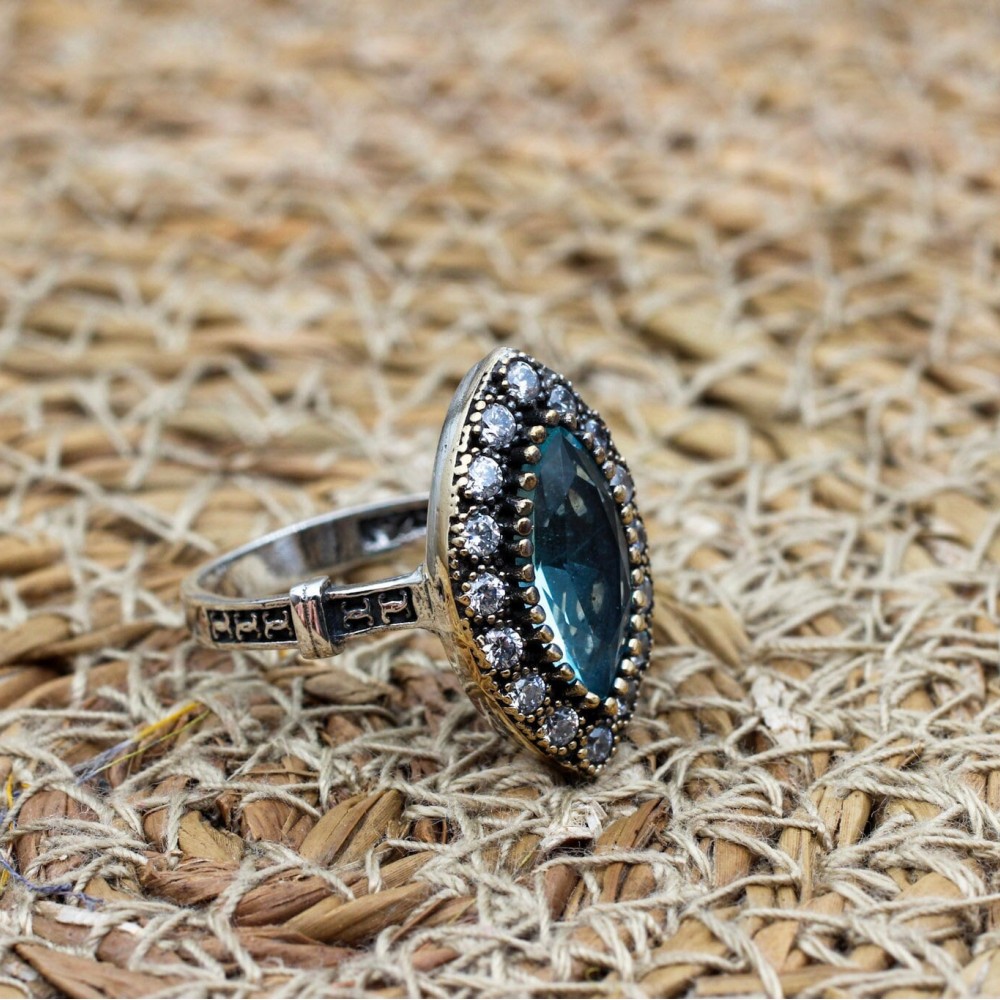 Aquamarine Ring, Handmade Women Ring, Turkish Handmade Silver Ladies Ring, Ottoman Ring, Ladies Ring, 925k Sterling Silver, Zircon Ring