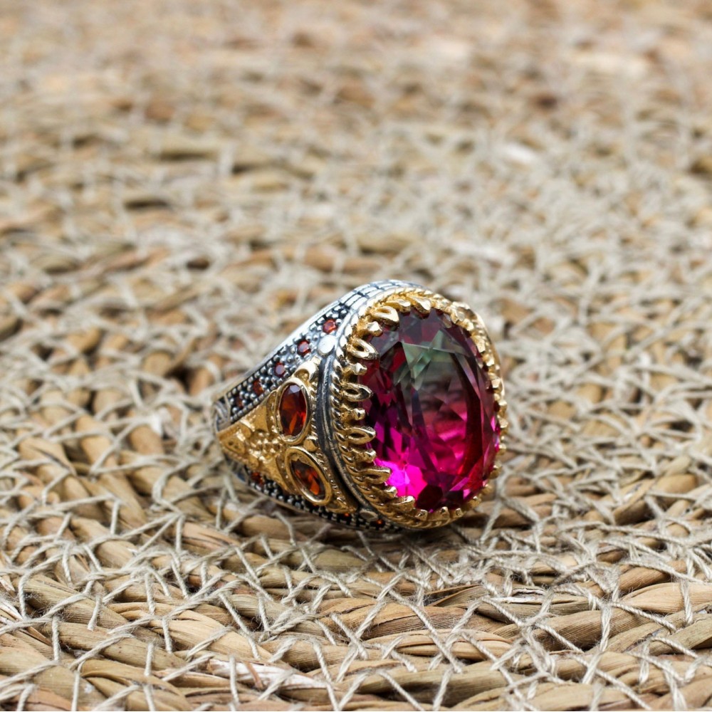 Men's Handmade Ring, Turkish Handmade Men's Ring, Ottoman Men's Ring, Tourmaline Men's Ring, Mens Ring, Gift for Him, 925k Sterling Silver