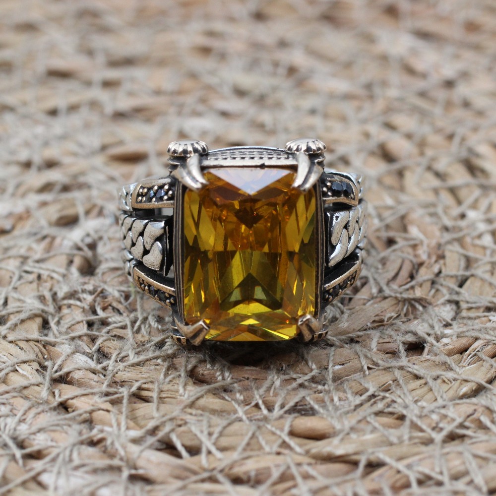 Men's Handmade Ring, Men Chain Model Ring, Citrine Men's Ring, Ottoman Men's Ring, Men's Jewelry, Gift for Him, 925k Sterling Silver Ring