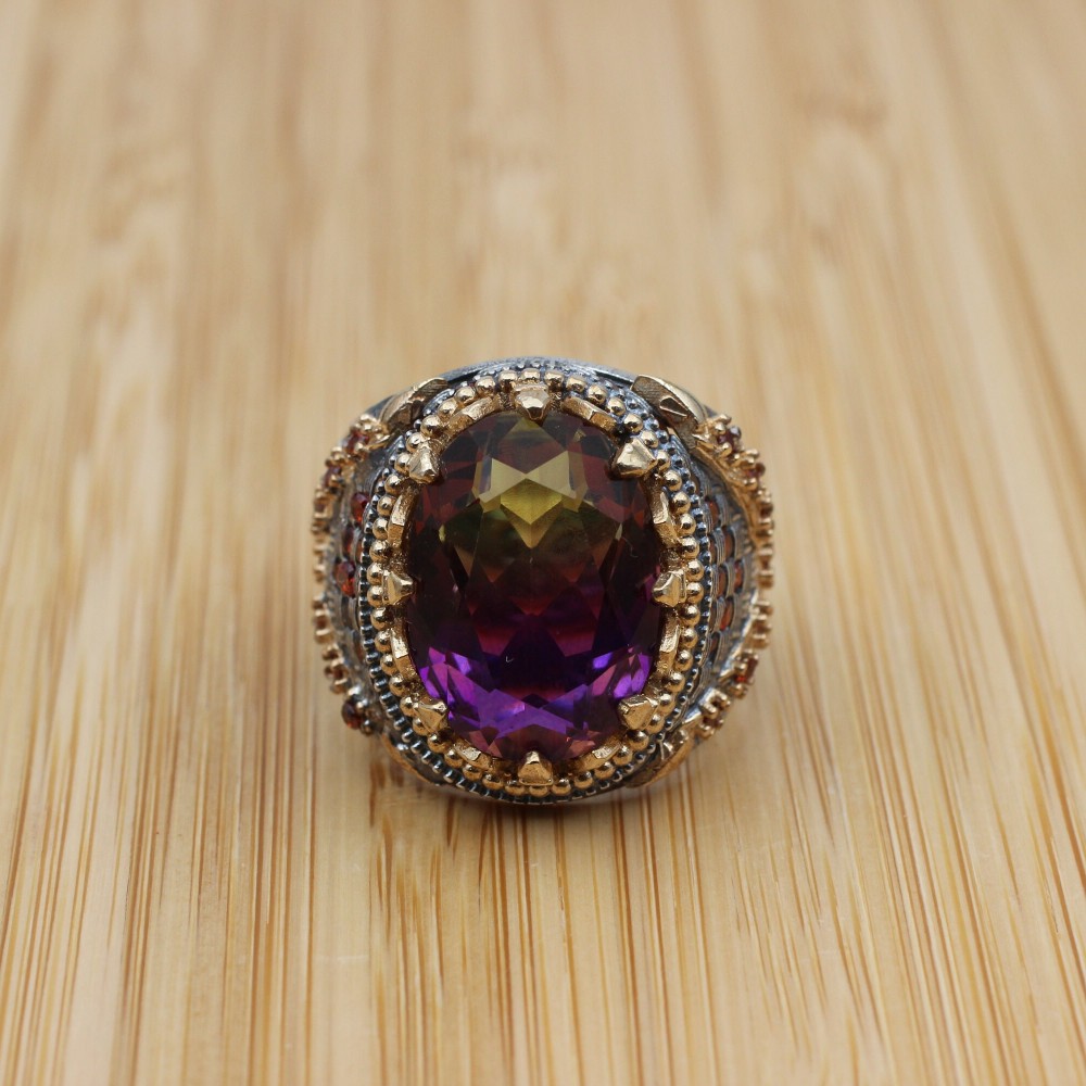 Men's Handmade Ring, Turkish Handmade Ring, Ottoman  Men's Ring, Tourmaline Men's Ring, Men's Jewelry, Gift for Him, 925k Sterling Silver