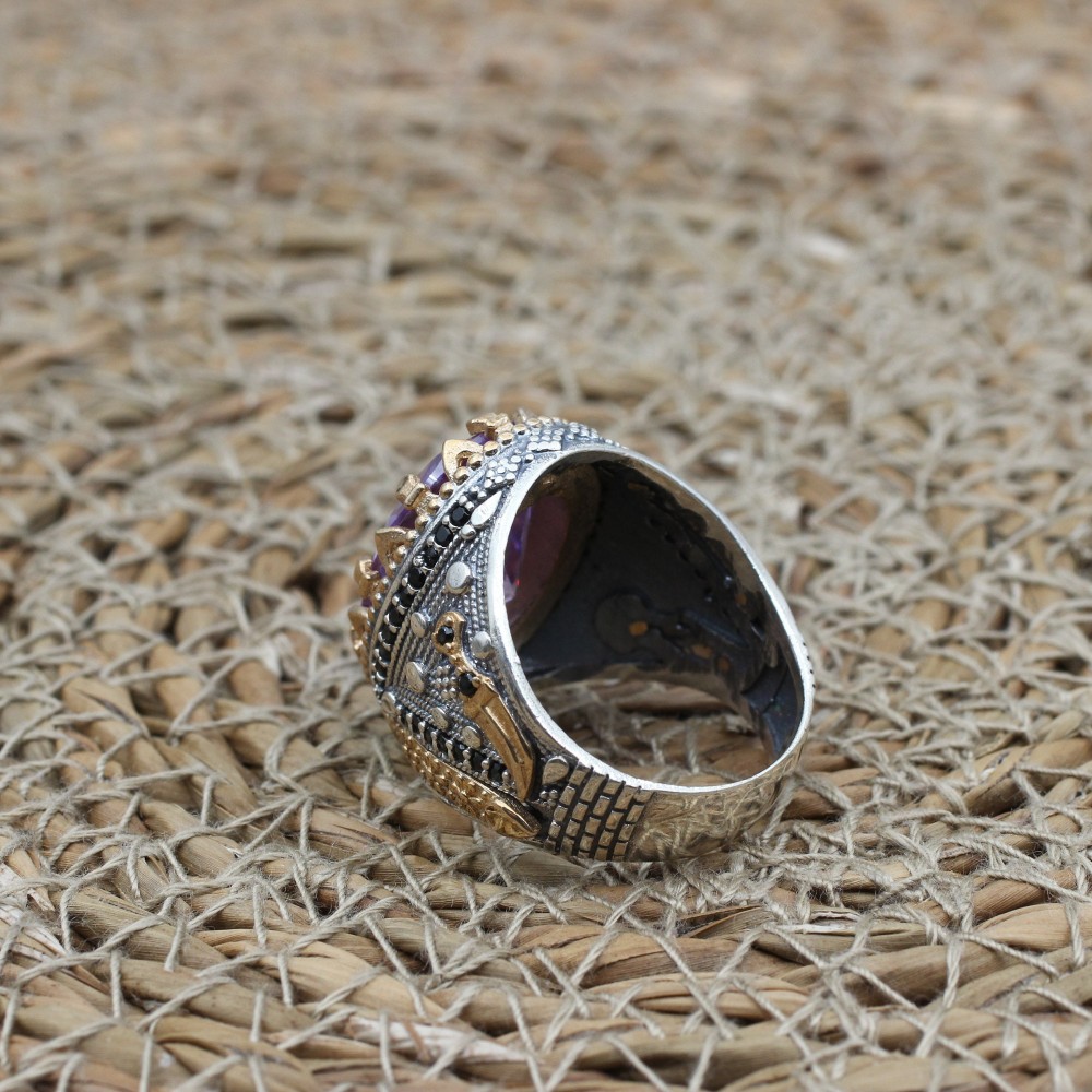 Amethyst Men's Ring, Handmade Men's Ring, Turkish Handmade Men's Ring, Ottoman Mens Ring, Men's Jewelry, Amethyst, 925k Sterling Silver Ring