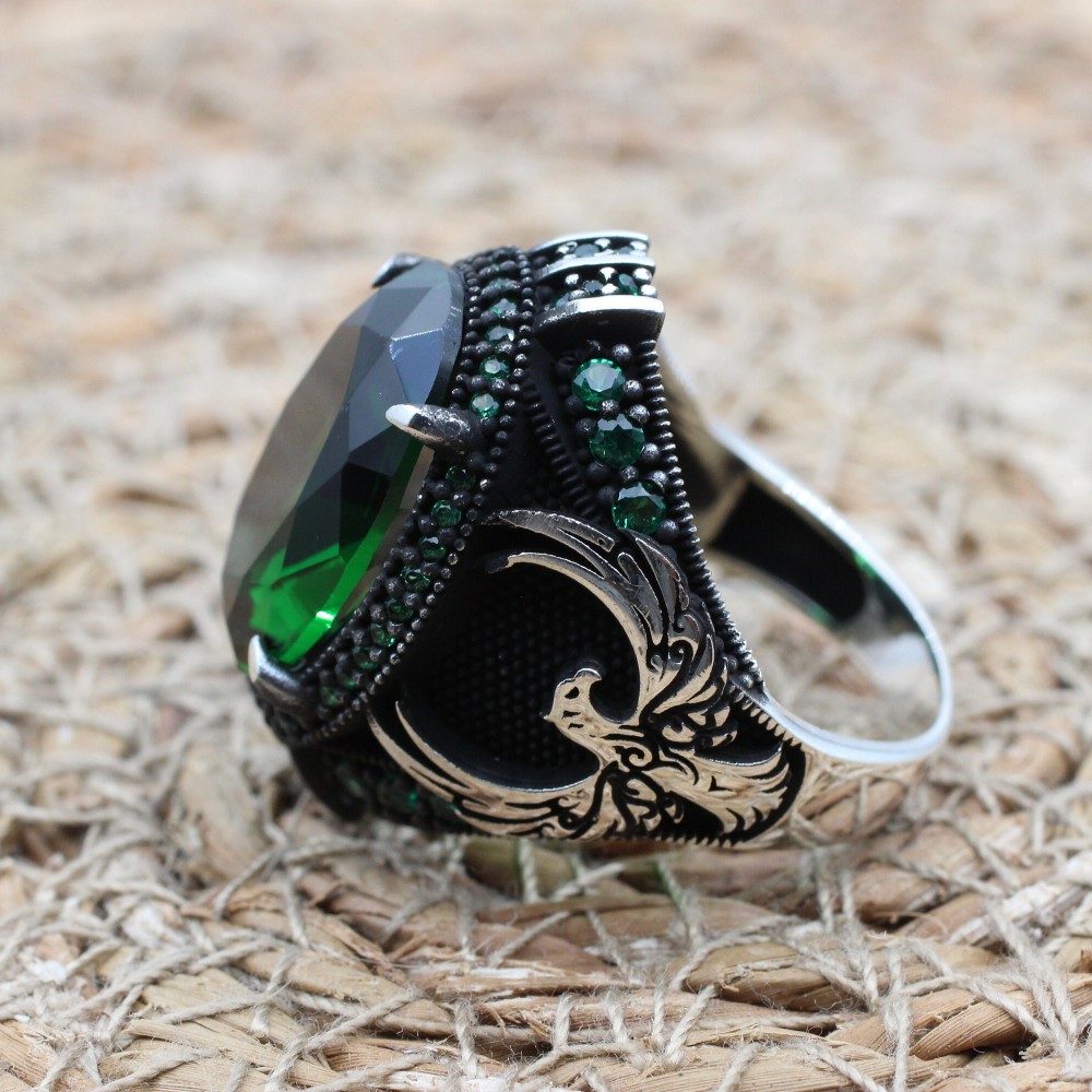 Mens Handmade Ring, Turkish Handmade Silver Men Ring, Ottoman Men Ring, Emerald Ring, Men's Jewelry, Gift for Him, 925k Sterling Silver Ring