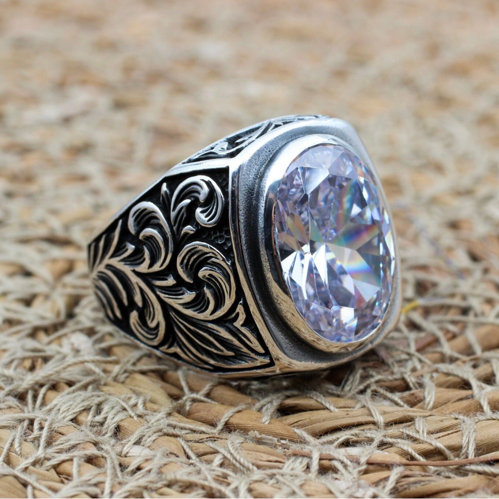 Mens Handmade Ring, Turkish Handmade Silver Men Ring, Ottoman Men Ring, Zircon Ring, Men's Jewelry, Gift for Him, 925k Sterling Silver Ring