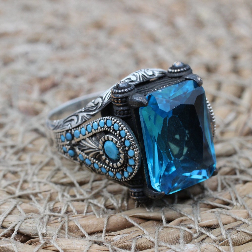 Mens Handmade Ring, Turkish Handmade Silver Men Ring, Ottoman Ring, Aquamarine Ring, Men's Jewelry, Gift for Him, 925k Sterling Silver Ring