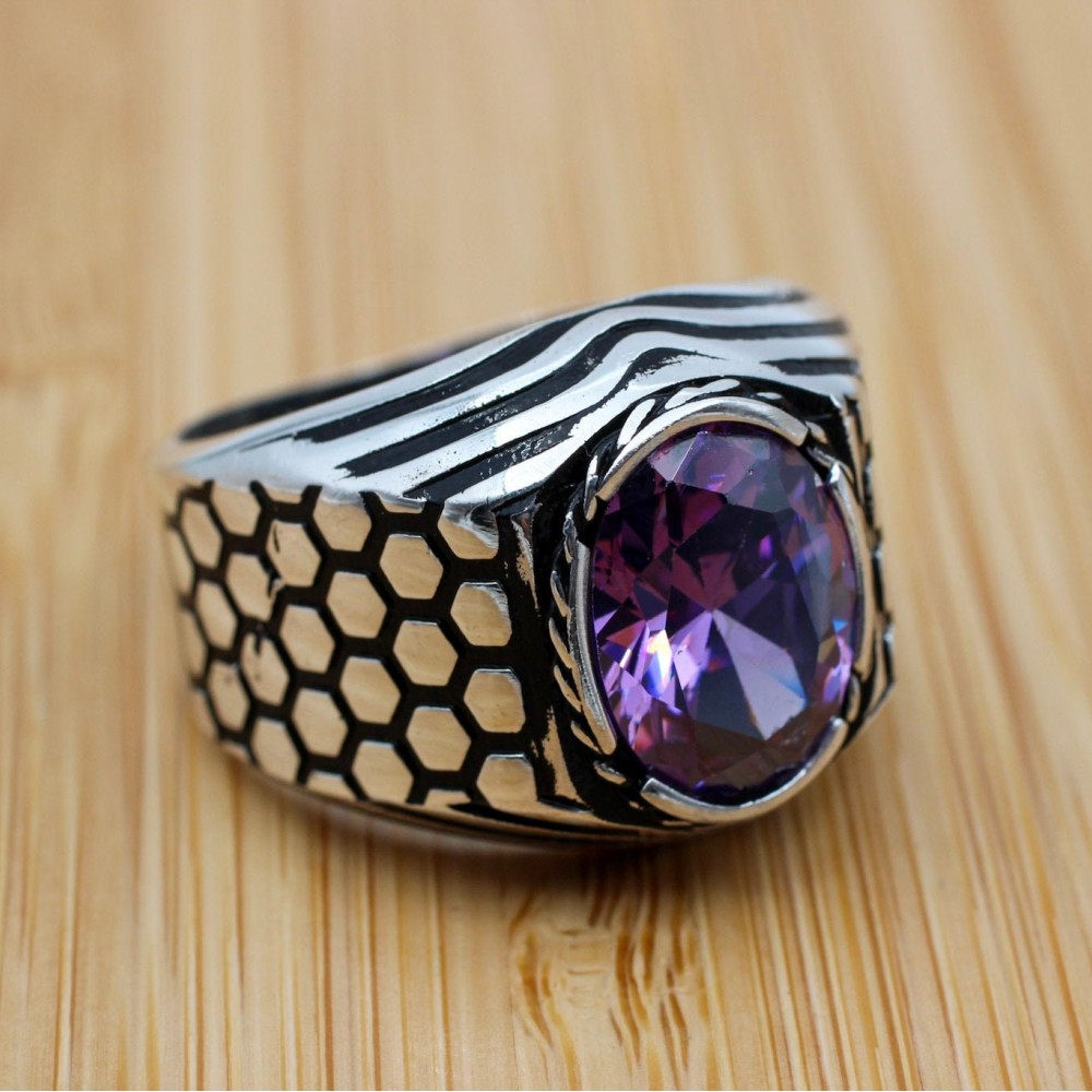 Men's Handmade Ring, Turkish Handmade Ring, Cubic Zircon, Ottoman Men Ring, Amethyst Ring, Men's Jewelry, Gift for Him, 925k Sterling Silver