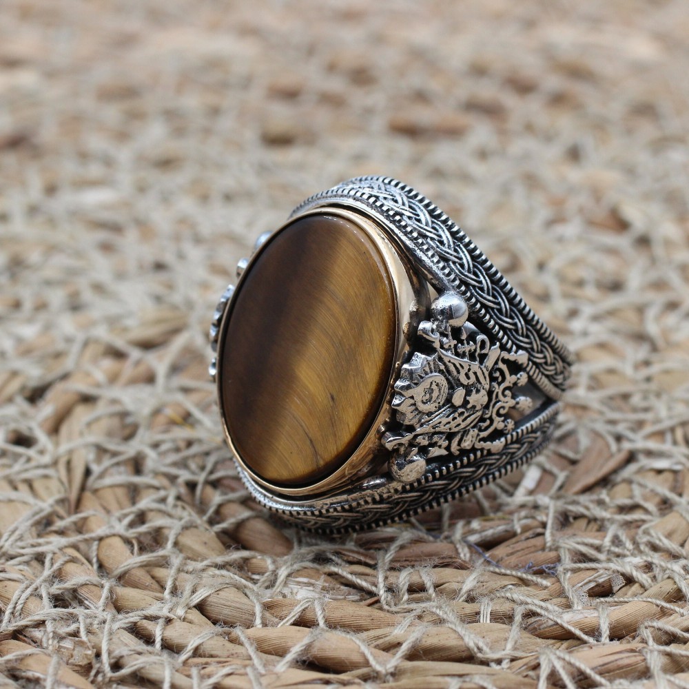 Tiger Eye Men's Ring, Ottoman Men's Ring, Handmade Men's Ring, Turkish Handmade Men's Ring, Men's Jewelry, Gift for Him, 925 Sterling Silver