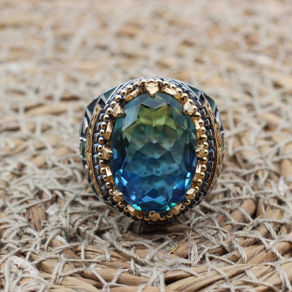 Men's Handmade Ring, Turkish Handmade Ring, Ottoman  Men's Ring, Tourmaline Men's Ring, Men's Jewelry, Gift for Him, 925k Sterling Silver