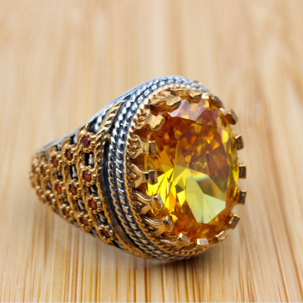 Citrine Men's Ring, Handmade Men's Ring, Turkish Handmade Mens Ring,  Silver Mens Ring, Ottoman Mens Ring, Gift for Him, 925 Sterling Silver