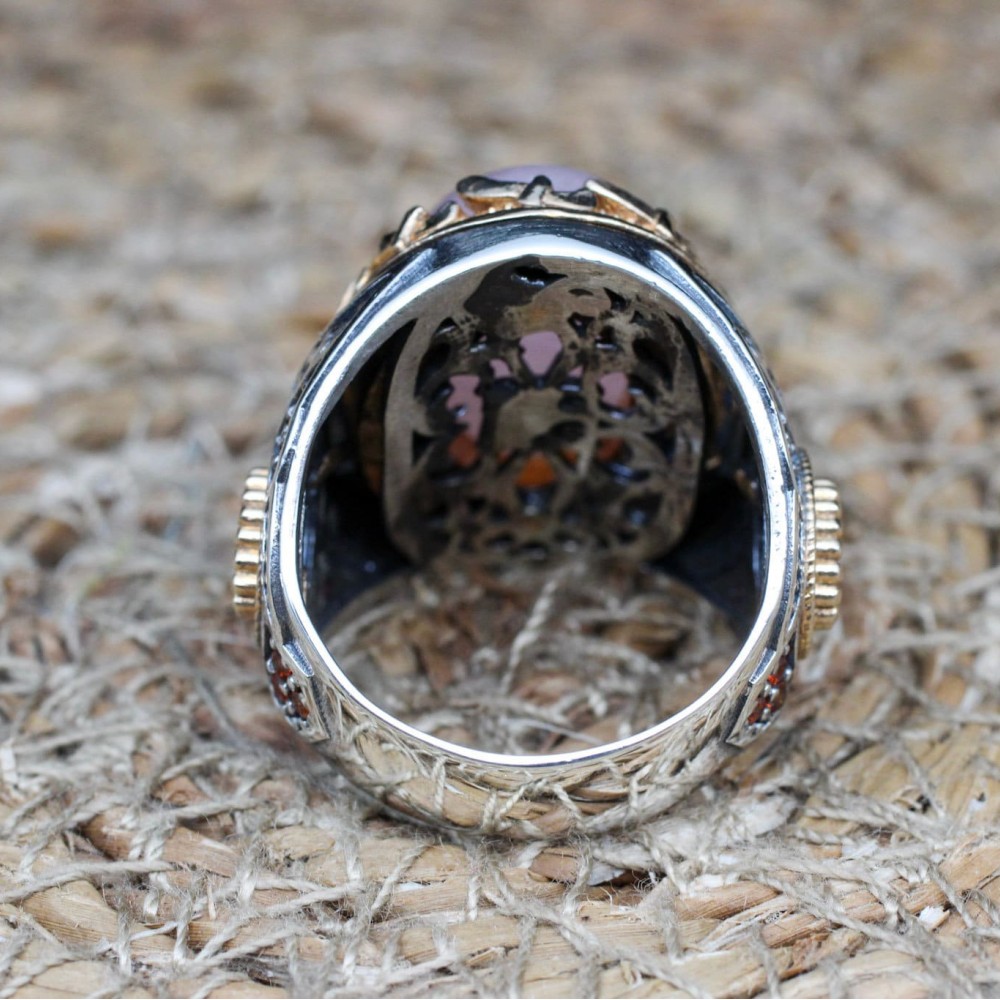 Handmade Mens Ring, Turkish Handmade Silver Men Ring, Ottoman Men Ring, Rose Quartz Ring, Men's Jewelry, Gift for Him, 925k Sterling Silver,