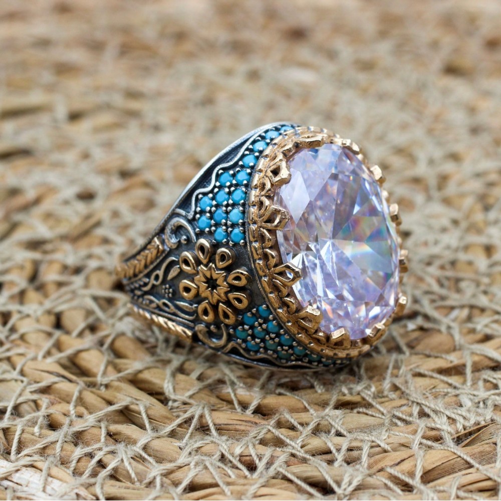 Mens Handmade Ring, Turkish Handmade Silver Men Ring, Ottoman Men Ring, Zircon Ring, Men's Jewelry, Gift for Him, 925k Sterling Silver Ring