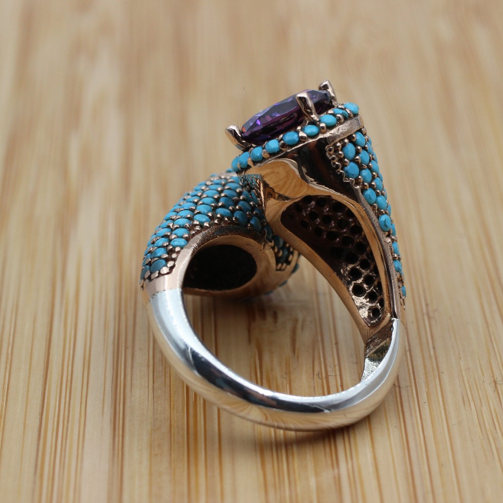 Amethyst Ring, Ladies Ring, Turquoise Ring, Handmade Women's Ring, Turkish Handmade, Authentic Ring, 925 Sterling Silver, Adjustable Ring,