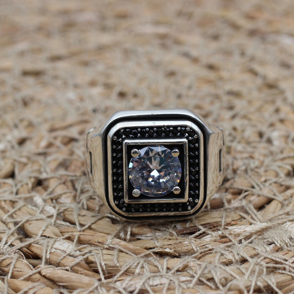 Mens Handmade Ring, Turkish Handmade Silver Men Ring, Ottoman Men Ring, Zircon Ring, Men's Jewelry, Gift for Him, 925k Sterling Silver Ring