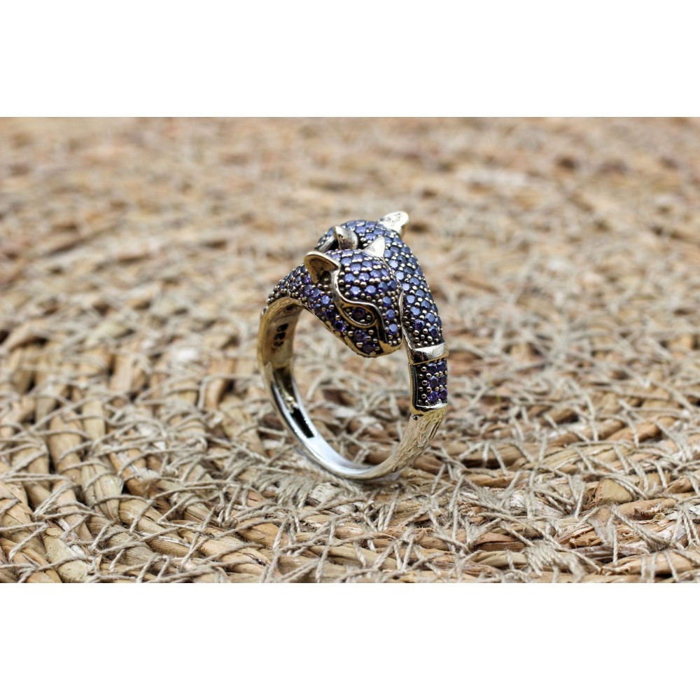 Amethyst Tiger Ring, Handmade Women's Ring, Tiger Ring, Turkish Handmade Ring, Ottoman Women Ring, Ladies Ring, 925k Sterling Silver, Tiger,