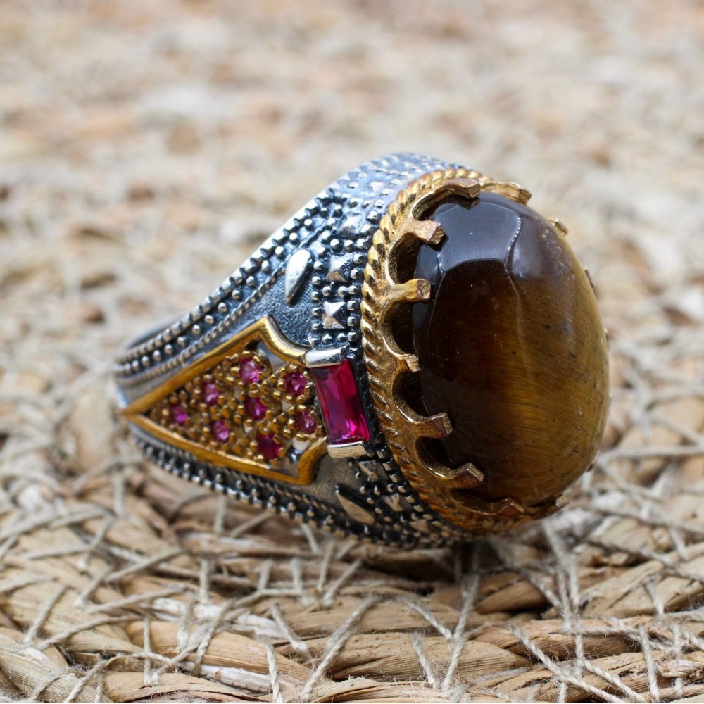 Tiger Eye Men's Ring, Ottoman Men's Ring, Handmade Men's Ring, Turkish Handmade Men's Ring, Men's Jewelry, Gift for Him, 925 Sterling Silver