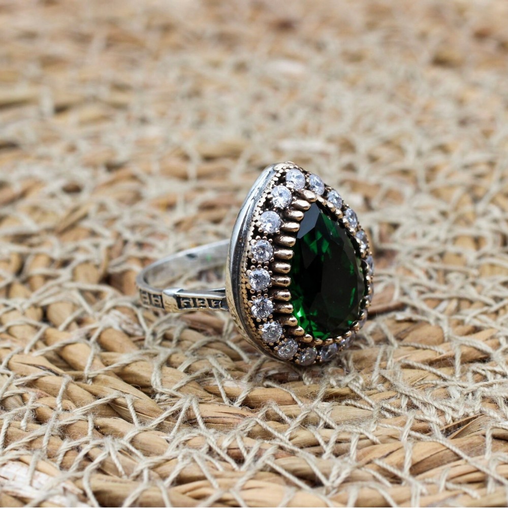 Emerald Ring, Handmade Women's Ring, Turkish Handmade Ring, Authentic Ring, Ottoman Ring, Ladies Ring, 925 Sterling Silver, Gift For Her