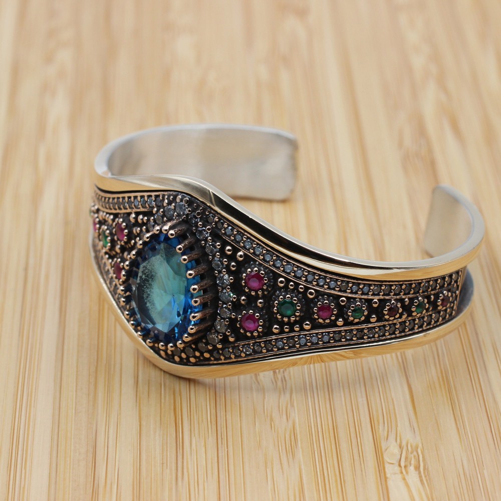 Aquamarine Bracelet, Ottoman Bracelet, Handmade Bracelet, Bangle Cuff, Turkish Handmade, Bangle Bracelet, Gift for Her, 925k Sterling Silver