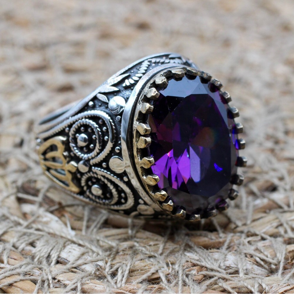 Amethyst Men's Ring, Mens Handmade Ring, Turkish Handmade Silver Men Ring, Ottoman Men Ring, Men Jewelry, Gift for Him, 925k Sterling Silver