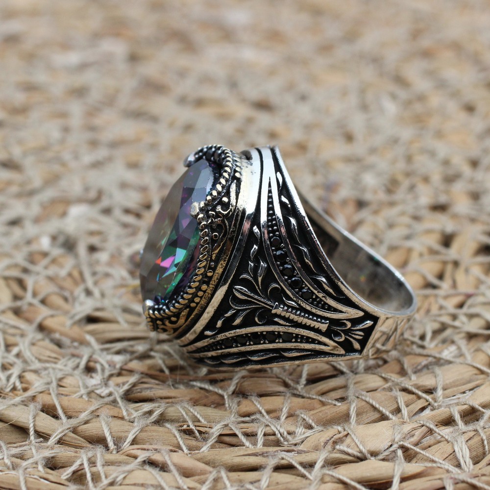 Mystic Topaz Men's Ring, Ottoman Men's Ring, Handmade Mens Ring, Turkish Handmade Mens Ring, Mens Jewelry, Gift for Him, 925 Sterling Silver