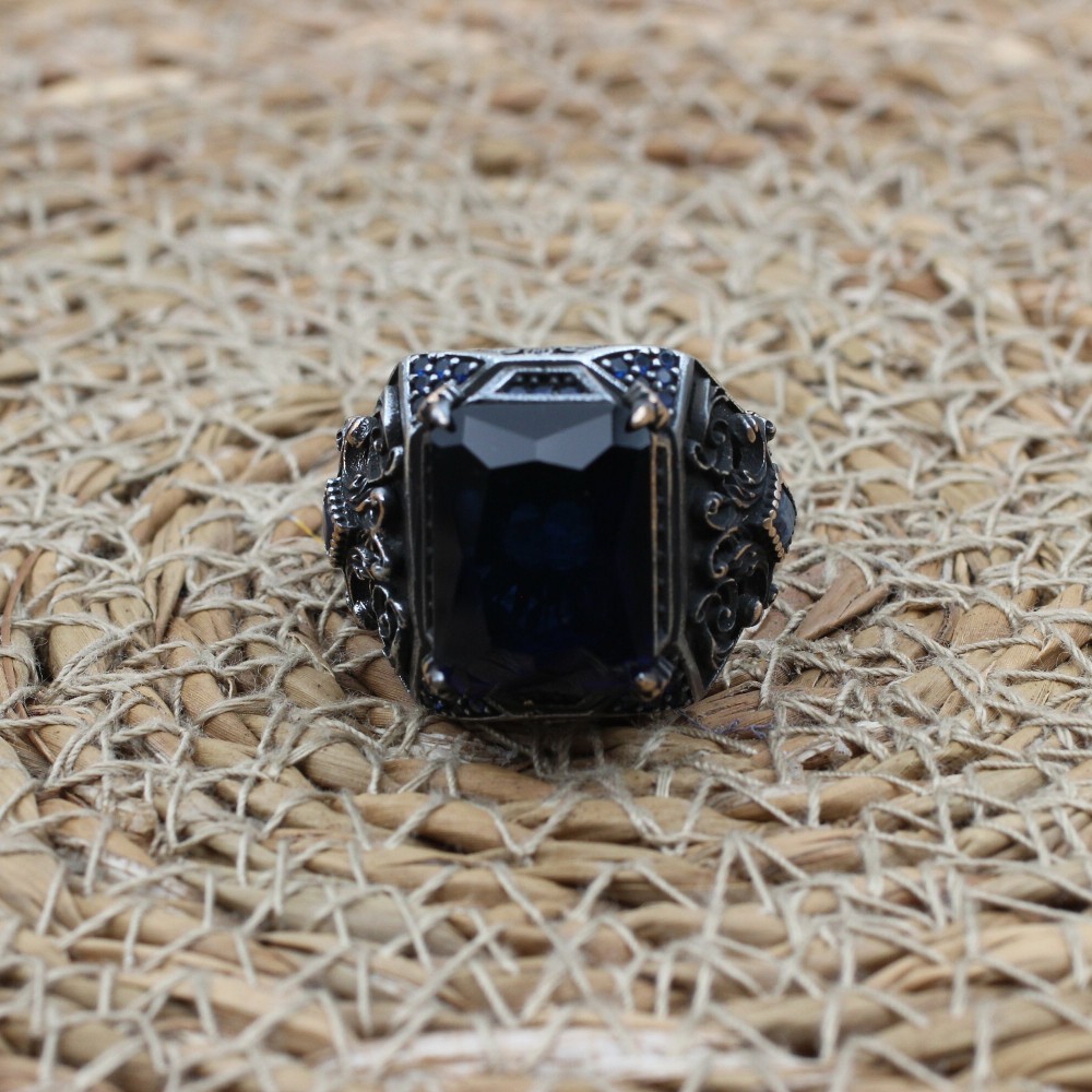 Turkish Ring, Men's Handmade Ring, Ottoman Ring, Cubic Zirconia, Sapphire Men's Ring, Men's Jewelry, Gift for Him, 925k Sterling Silver Ring