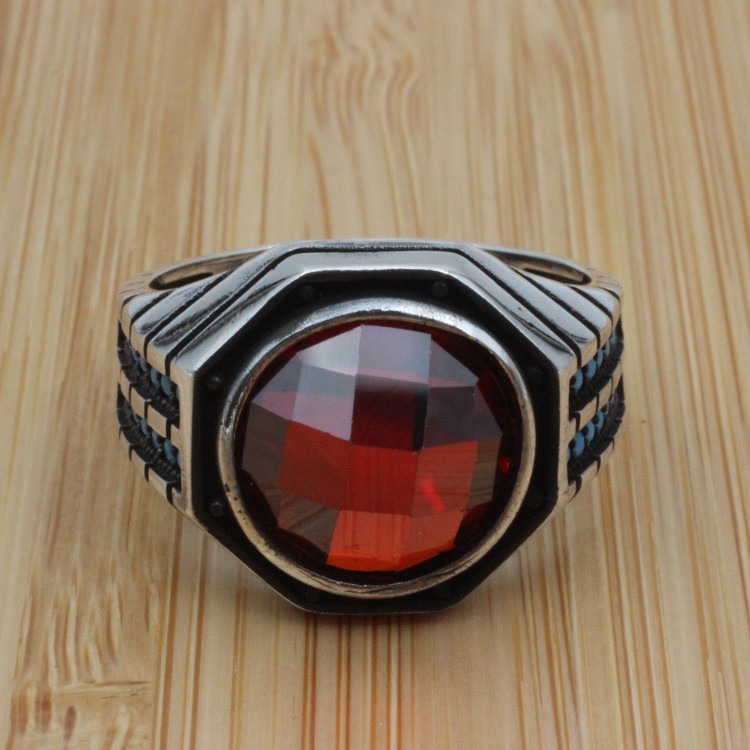 Turkish Handmade Ring, Men's Handmade Ring, Cubic Zircon, Ottoman Men's Ring, Ruby Ring, Men's Jewelry, Gift for Him, 925k Sterling Silver,