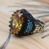 Citrine Men's Ring, Handmade Men's Ring, Turkish Handmade Ring, Ottoman Men's Ring, Men's Jewelry, Gift for Him, 925k Sterling Silver Ring